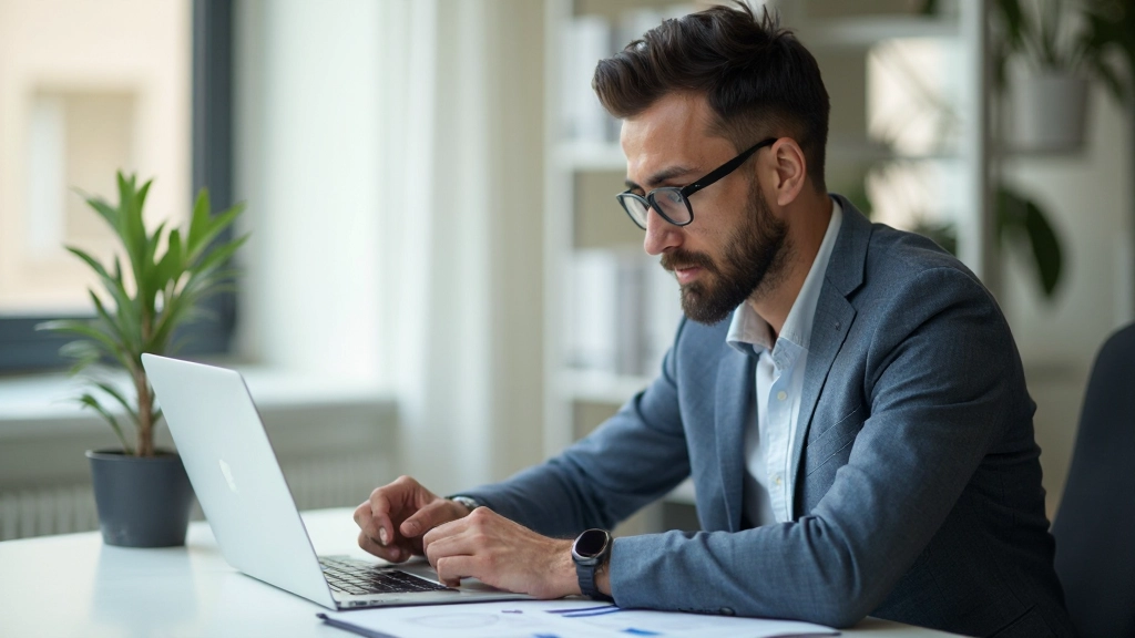 Persona analizando gráficos de progreso en laptop con enfoque serio, ambiente de trabajo moderno