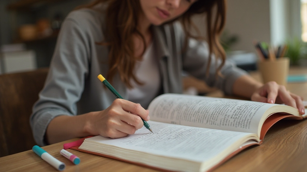 Cuaderno abierto con anotaciones a mano, gráficos dibujados, pegatinas de progreso y marcadores de colores en una mesa de madera