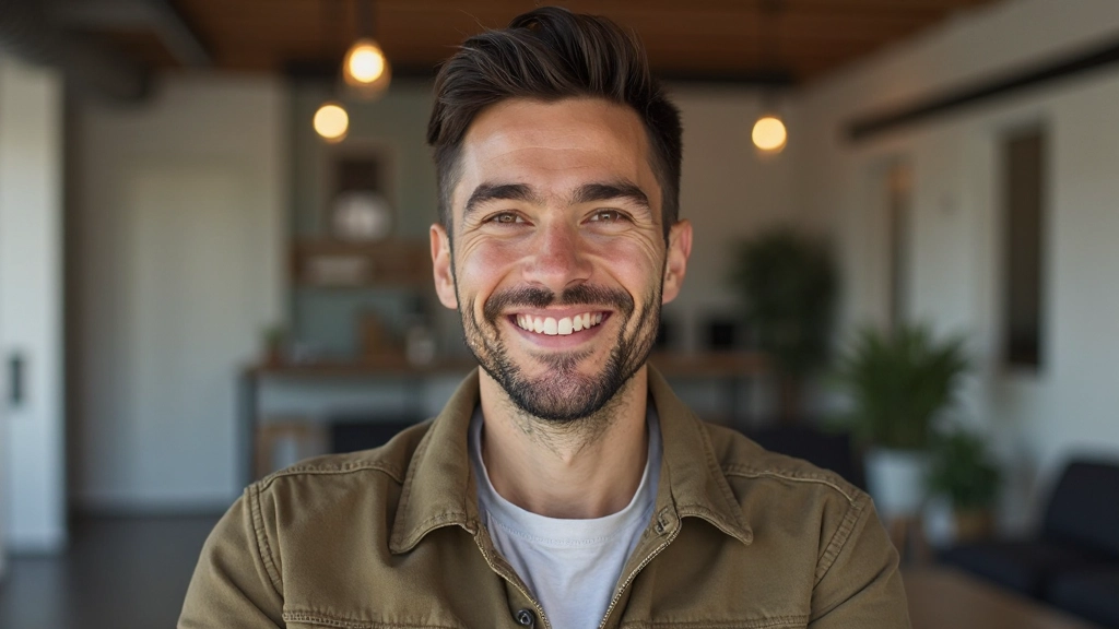 Persona sonriendo mientras celebra un hito alcanzado, con gráficos de progreso exitosos visibles en el fondo