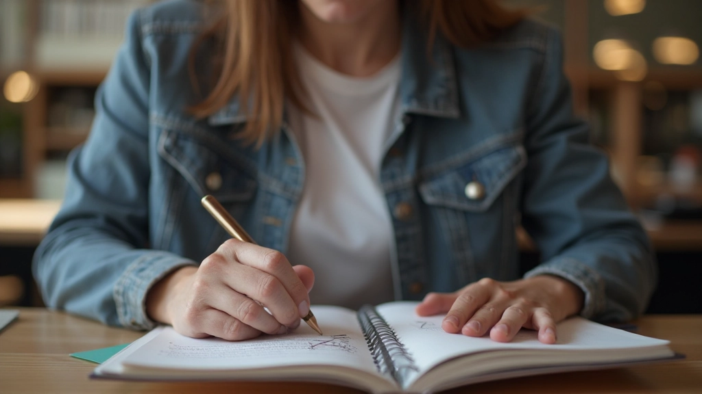 Persona frustrada mirando un objetivo tachado en su libreta, expresión de desánimo pero reflexiva