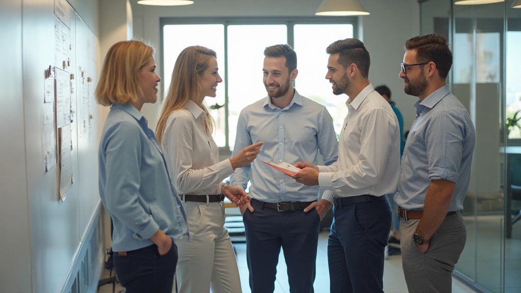 Profesionales colaborando en planificación estratégica y establecimiento de metas en un entorno moderno