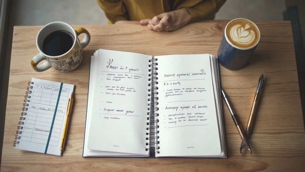 Escritorio de trabajo con libreta abierta, café, y planificador anual junto a bolígrafo dorado